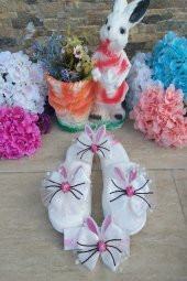 MelKady 026PE- Lohusa Set, Sevimli Bıyıklı Tavşanlı Lohusa Terliği, Taç ve Bebek Saç Bandı - Pembe - 1