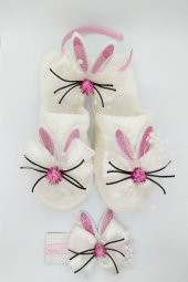 MelKady 026PE- Lohusa Set, Sevimli Bıyıklı Tavşanlı Lohusa Terliği, Taç ve Bebek Saç Bandı - Pembe - 3