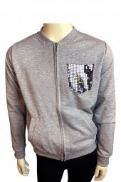 Kız Çocuk Kol Baskılı Fermuarlı Sweatshirt Gri Melanj 19179 - 1