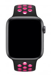 Apple Watch Uyumlu 42 mm Spor Delikli Kordon Silikon Kayış Siyah Pembe - 2