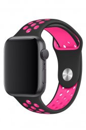 Apple Watch Uyumlu 42 mm Spor Delikli Kordon Silikon Kayış Siyah Pembe - 3