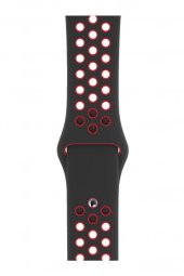 Apple Watch Uyumlu 44 mm Spor Delikli Kordon Silikon Kayış Siyah Kırmızı - 1