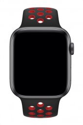 Apple Watch Uyumlu 44 mm Spor Delikli Kordon Silikon Kayış Siyah Kırmızı - 2