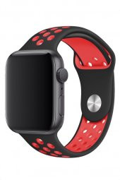 Apple Watch Uyumlu 44 mm Spor Delikli Kordon Silikon Kayış Siyah Kırmızı - 3