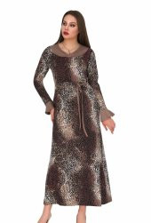 Bayan Kahverengi leopar desenli Uzun elbise 00541 - 2