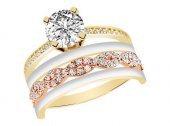 Diamond Line-Gülaylar - 3 Renkli Altın 14 Ayar Tektaş Alyans Yüzük - 1