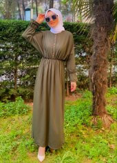 modayns Kadın Haki Düğmeli Belden Lastikli Elbise - 1