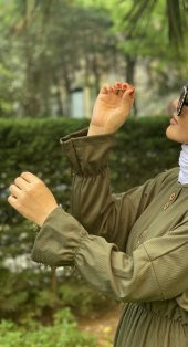 modayns Kadın Haki Düğmeli Belden Lastikli Elbise - 2