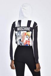 Kapüşonlu Ön ve Arka Baskılı Cepli Siyah Çizgili Beyaz Kadın Sweatshirt - 4