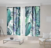 Baskılı Fon Perde Beyaz Zeminli Çeşitli Tropik Yaprak Desenli - 1