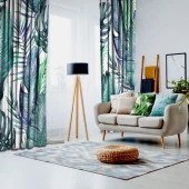 Baskılı Fon Perde Beyaz Zeminli Çeşitli Tropik Yaprak Desenli - 2