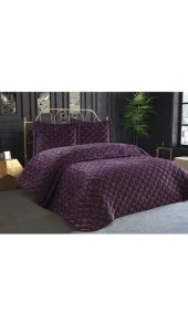 Lima Kadife Dolgulu Çift Kişilik Yatak Örtüsü Mürdüm thumbnail 3