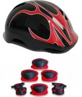 Bisiklet Paten Scooter Koruyucu Kask Seti 7 Parça Kırmızı Alevli CN-448 - 1