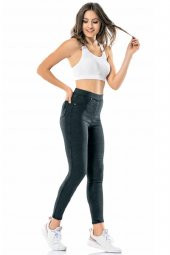 Power Lycra Denim Siyah Kot Kadın Taytı - Büyük Beden - 1