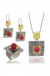 Gümüş Doğal Mercan Taşlı Tasarım 3lü Set - 1