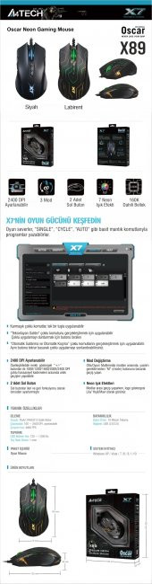 A4 TECH X89 SİYAH-LABİR OPTIK GAMER MOUSE 2400 DPI - 1