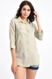 Yaprak Taş Dizili Kısa Kollu Bej Kadın Gömlek - 1