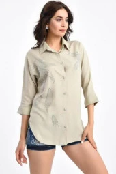 Yaprak Taş Dizili Kısa Kollu Bej Kadın Gömlek - 2