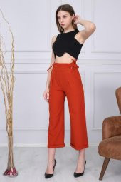 KİREMİT YANDAN BAĞLAMALI KUŞ GÖZÜ KUMAŞ PANTALON - 2