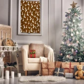 Baskılı Duvar Örtüsü Yeniyıl Noel Kar Beyaz Rengeyiği Temalı Hardal Renk - 1