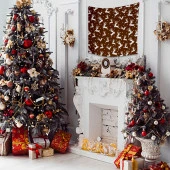 Baskılı Duvar Örtüsü Yeniyıl Noel Kar Beyaz Rengeyiği Temalı Hardal Renk - 2