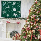 Baskılı Duvar Örtüsü Yeşil Zeminli Beyaz Çan Noel Süsleri ile Dallar - 3