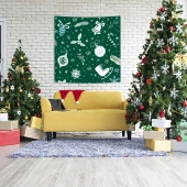 Baskılı Duvar Örtüsü Yeşil Zeminli Beyaz Çan Noel Süsleri ile Dallar - 4
