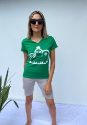 Kadın V Yaka Minyon Karakter Baskılı Yeşil Tshirt - 2