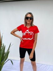 Kadın V Yaka Minyon Karakter Baskılı Kırmızı Tshirt - 5