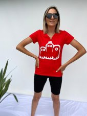 Kadın V Yaka Minyon Karakter Baskılı Kırmızı Tshirt - 1