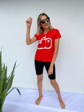 Kadın V Yaka Minyon Karakter Baskılı Kırmızı Tshirt - 3