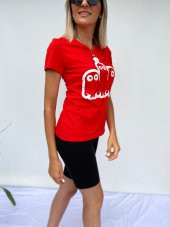 Kadın V Yaka Minyon Karakter Baskılı Kırmızı Tshirt - 4
