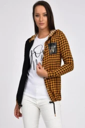 Kolları Katlanabilir Penyeli ve Yandan Cepli Kapüşonlu Hardal Kadın Gömlek - 1