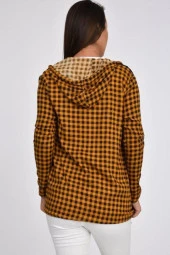 Kolları Katlanabilir Penyeli ve Yandan Cepli Kapüşonlu Hardal Kadın Gömlek - 4