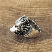 925 Ayar Gümüş Kurt Kafası Desenli Yüzük thumbnail 2