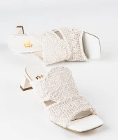 Beyaz Örgü Kadın Kısa Topuklu Terlik - 2