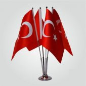 Masa Üstü Türk Bayrağı Dörtlü Krom Direk ile Birlikte Masa Bayrağı Seti - 1