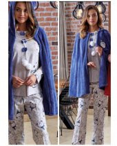 BONE CLUB 4611 Mavi PELERİNLİ HAMİLE LOHUSA 3 LÜ PİJAMA SABAHLIK TAKIM - 3