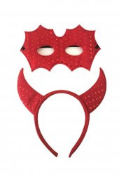 CADILAR BAYRAMI HALLOWEEN ŞEYTAN MASKE TAÇ SETİ KIRMIZI - 1
