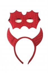 CADILAR BAYRAMI HALLOWEEN ŞEYTAN MASKE TAÇ SETİ KIRMIZI - 2