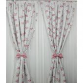 Vintage Stil  Çiçekli Pembe Kurdeleli Fon Perdeler - 1
