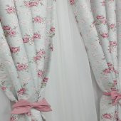 Vintage Stil  Çiçekli Pembe Kurdeleli Fon Perdeler - 4