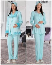 Mecit 5304 Turkuaz  Peluş Detaylı  Sabahlıklı Lohusa Pijama Takımı - 3