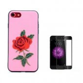 Teleplus iPhone 8 Gül Desenli Dikişli Silikon Kılıf  + Tam Kapatan Cam - 2