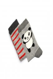2li Erkek Çocuk Asortili Panda ve Çizgili Desenli Çorap 2239-B2 - 1