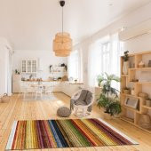 Baskılı Kilim Tüylü Halı Görünümlü Enine Şeritli Çok Renkli - 1