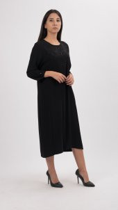 BAYAN ABİYE ELBİSE LAZER TAŞ İŞLEMELİ,TRUVAKAR KOL,SORALLİNE,1115 SİYAH - 1