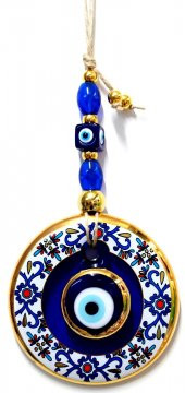 Çini Desenli Nazar Boncuklu Duvar Süsü, Cam El İşçiliği Hediyelik Eşya Altın Yaldızlı Nazar Boncuğu - 1