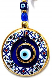 Çini Desenli Nazar Boncuklu Duvar Süsü, Cam El İşçiliği Hediyelik Eşya Altın Yaldızlı Nazar Boncuğu - 2