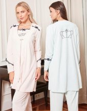 Bone Club 4806 Somon  Kadife 3Lü Hamile Lohusa Pijama Sabahlık - 4